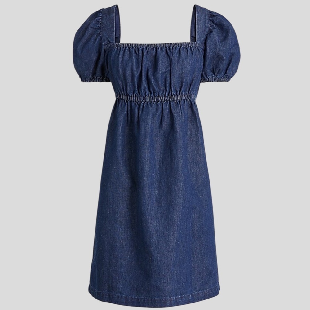 EUC J. Crew Linen Blend Denim Square Neck Puff Sleeve Dress Size 00 - Picture 3 of 9